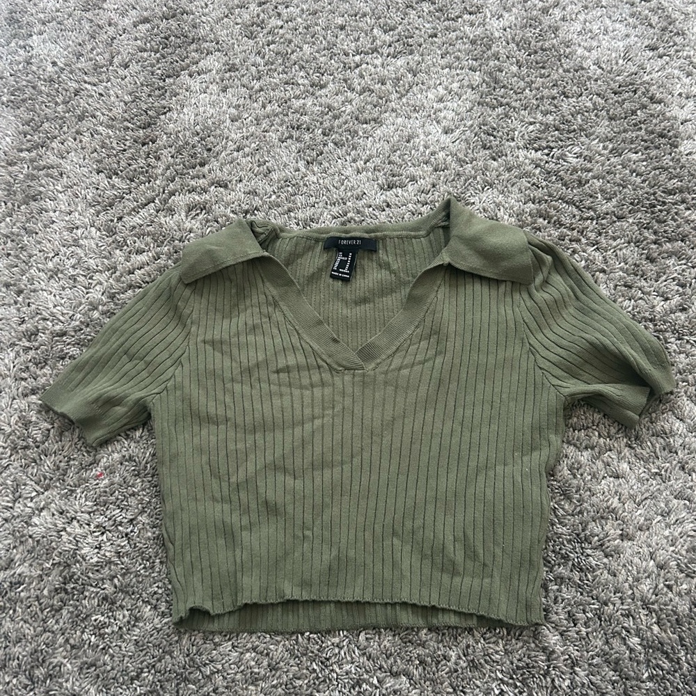 Green Ribbed V-Neck Top